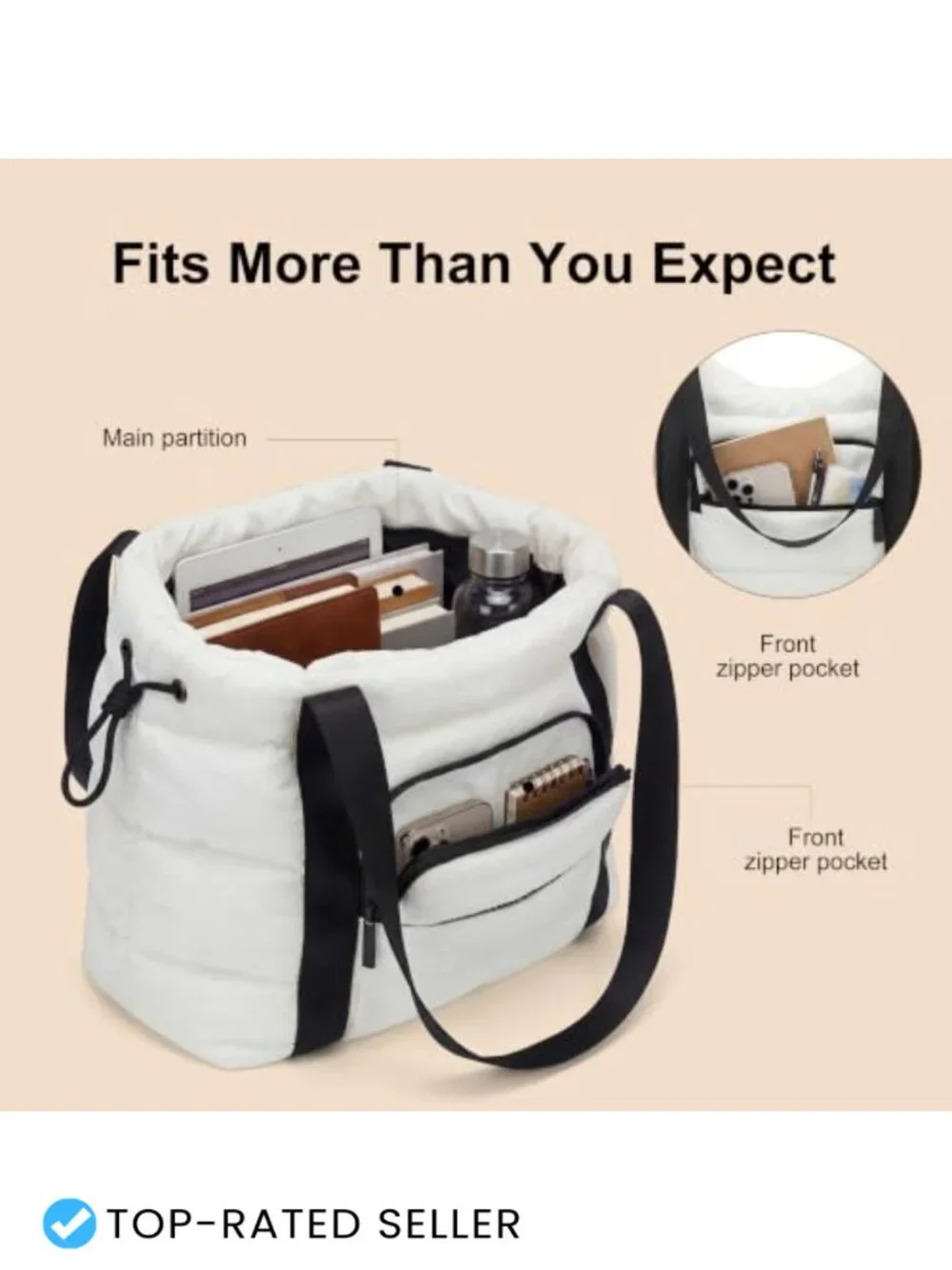 Lightweight Quilted Puffer Tote Bag with Multiple Pockets